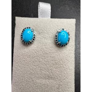 Turquoise & Blue Diamond Sterling Silver Halo Stud Earrings 925 Oval